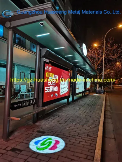 Huasheng ガラスバス停シェルター 中国金属バス停シェルター メーカー ソーラー ストップ シェルター バス停 ソーラー ライト広告ライト ボックス付きバス停